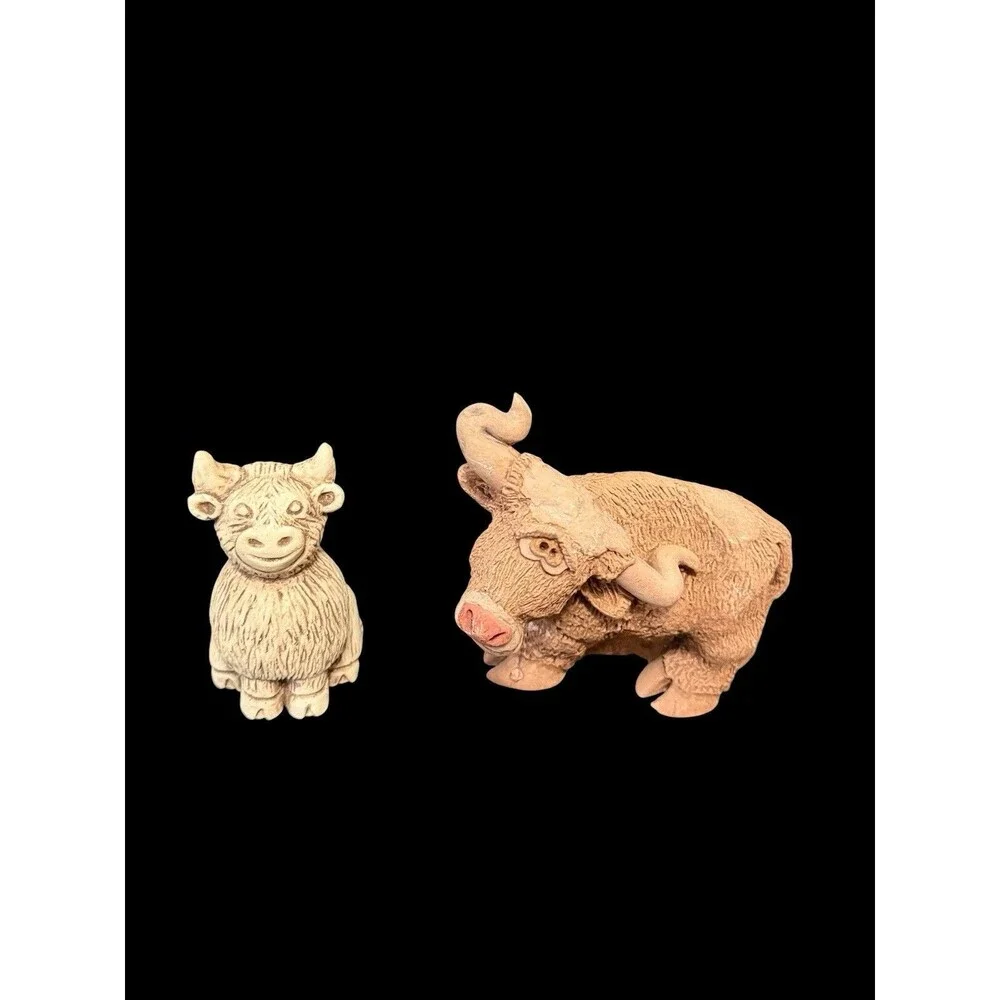 Vtg Pair Marble Works & DJ Longhorn Cow Figurines 1980s